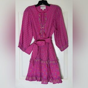 Cleobella Boho Floral Fuchsia Pink Mini Dress Peasant Tassel Belt POCKETS! ,Sz M